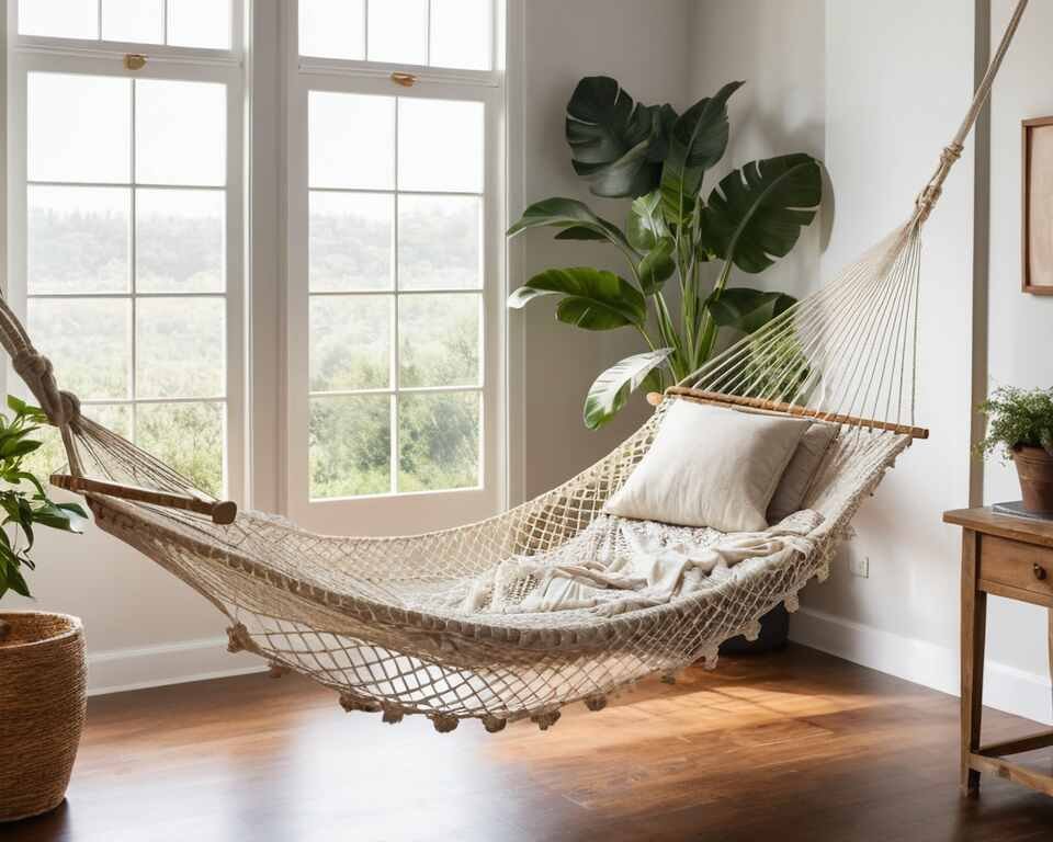 A cozy indoor setting featuring a traditional rope hammock.