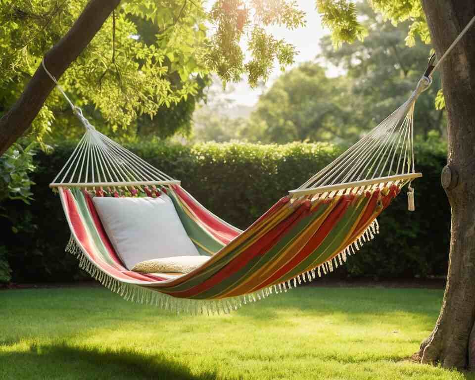 A large, cozy hammock made from soft, breathable cotton, strung up between two sturdy backyard trees.
