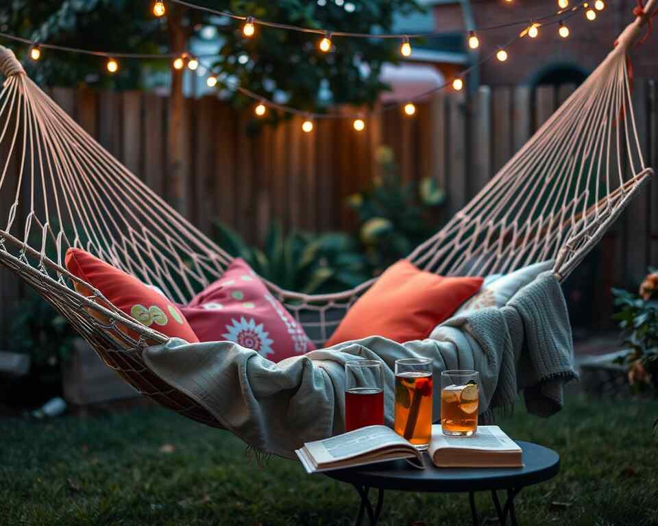 A close-up view of a beautifully organized hammock setup in a backyard.