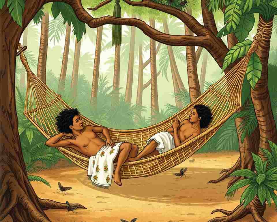Ancient depiction of people using woven hammocks in a tropical forest, showcasing their use by indigenous peoples for relaxation and protection.