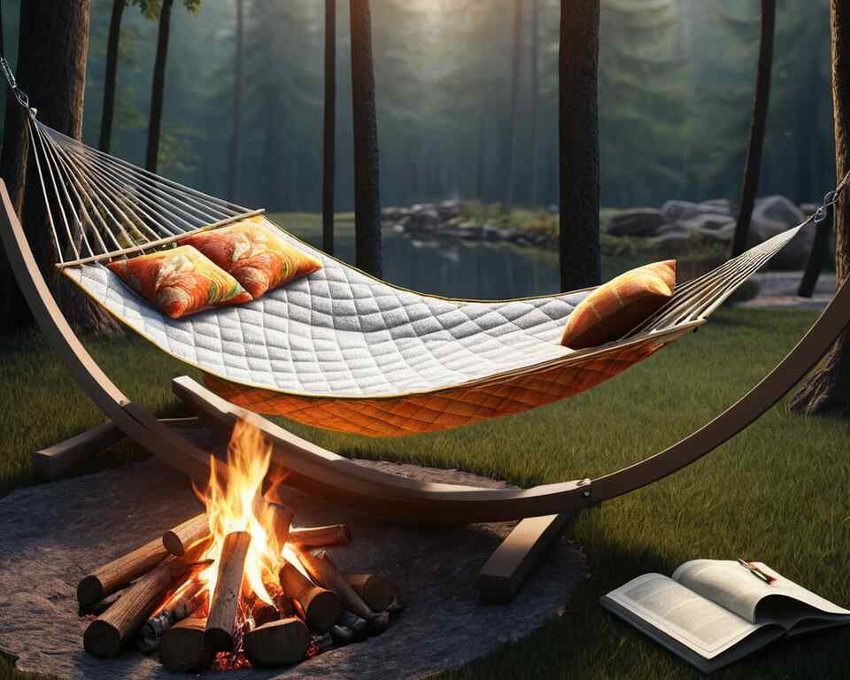 A quilted hammock near a cozy campfire.