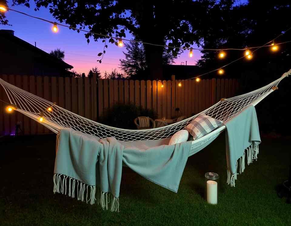A hammock set up in a backyard during twilight, surrounded by cozy elements like string lights, a soft blanket, and pillows, emphasizing a calming evening retreat.