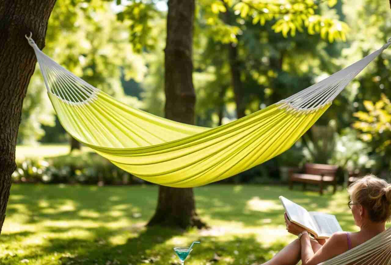 A serene outdoor setting with a clean hammock suspended between two trees.