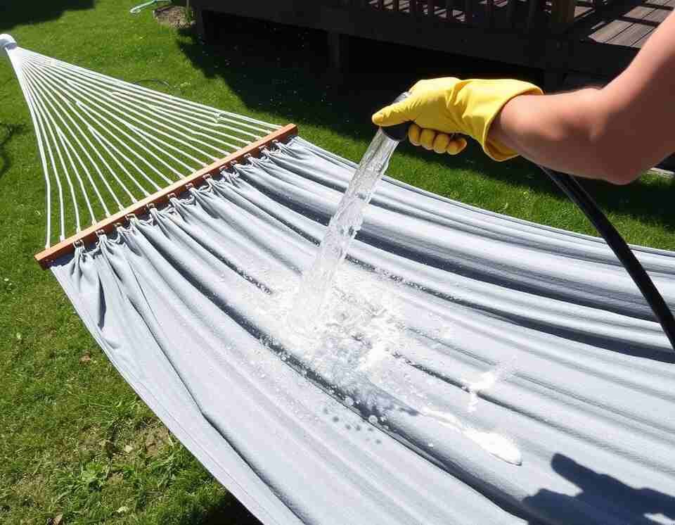 A person rinsing a hammock under a garden hose, with water splashing over the fabric.