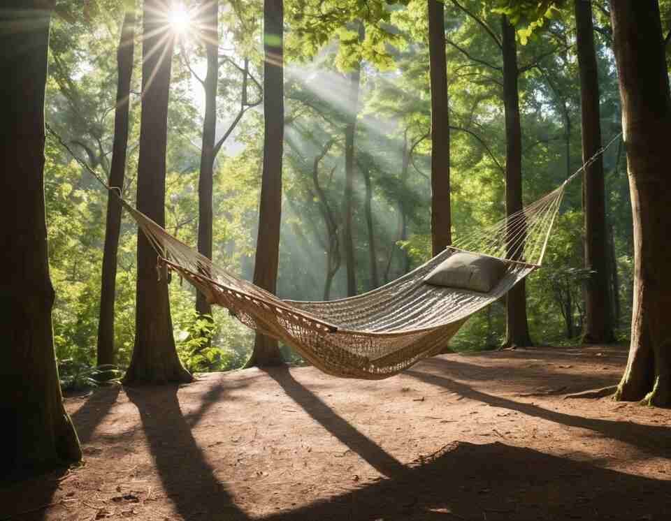Hammock suspended at a 30-degree angle in a forest, demonstrating the ideal setup for comfort.