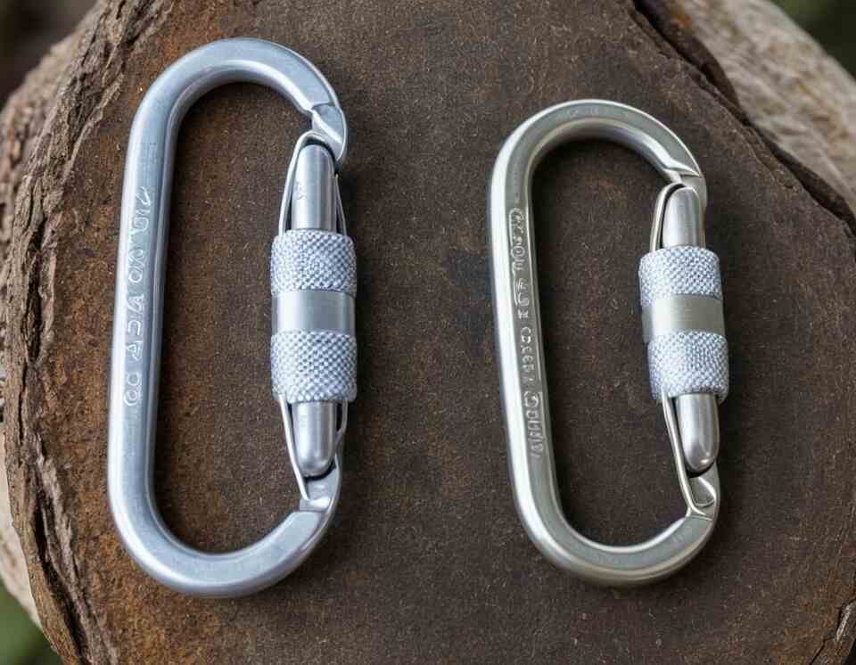 Close-up comparison of aluminum and steel carabiners, showing the difference in strength and weight.
