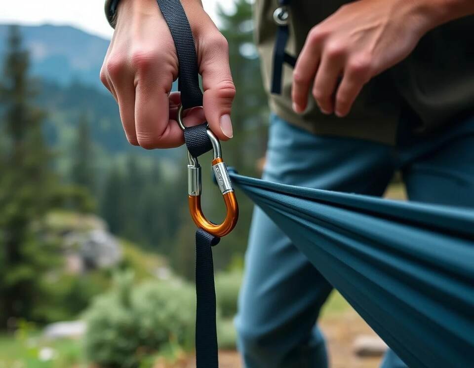 A person securely attaching a locking carabiner to a hammock strap, demonstrating proper installation for safety.