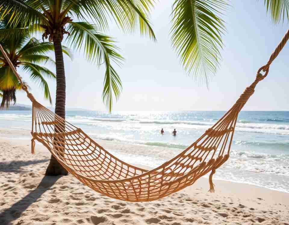 A rope hammock stretched between two palm trees on a sandy beach with gentle ocean waves in the background.