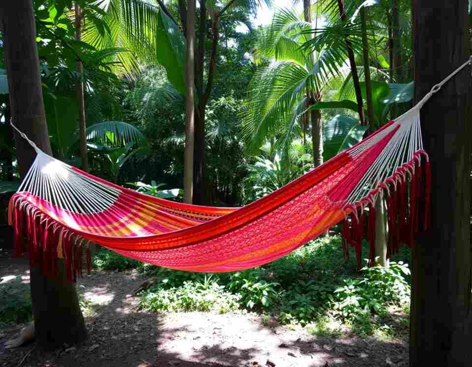 A handwoven Mayan hammock in bright earthy tones, hanging between two trees in a tropical forest.