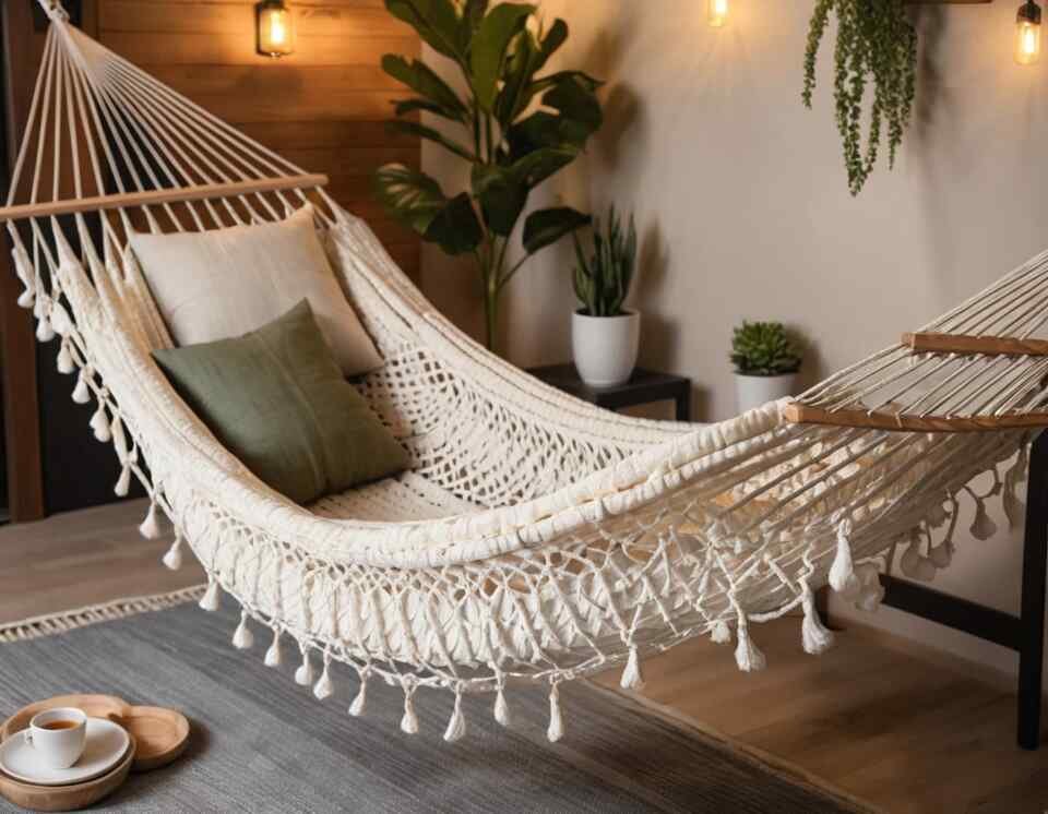 A close-up view of a comfortable cotton hammock with spreader bars and a built-in pillow, set in a cozy indoor living space with soft lighting and decorative elements.
