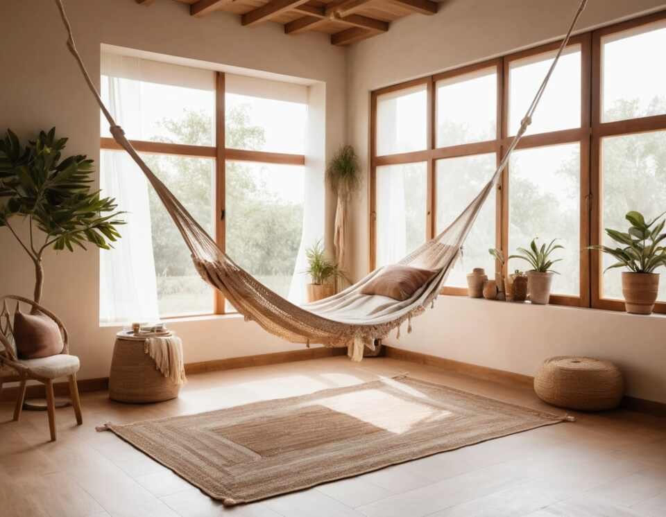 A hammock made of handcrafted cotton rope hanging in a peaceful bedroom, with soft ambient lighting, earthy tones, and a serene, calming atmosphere.
